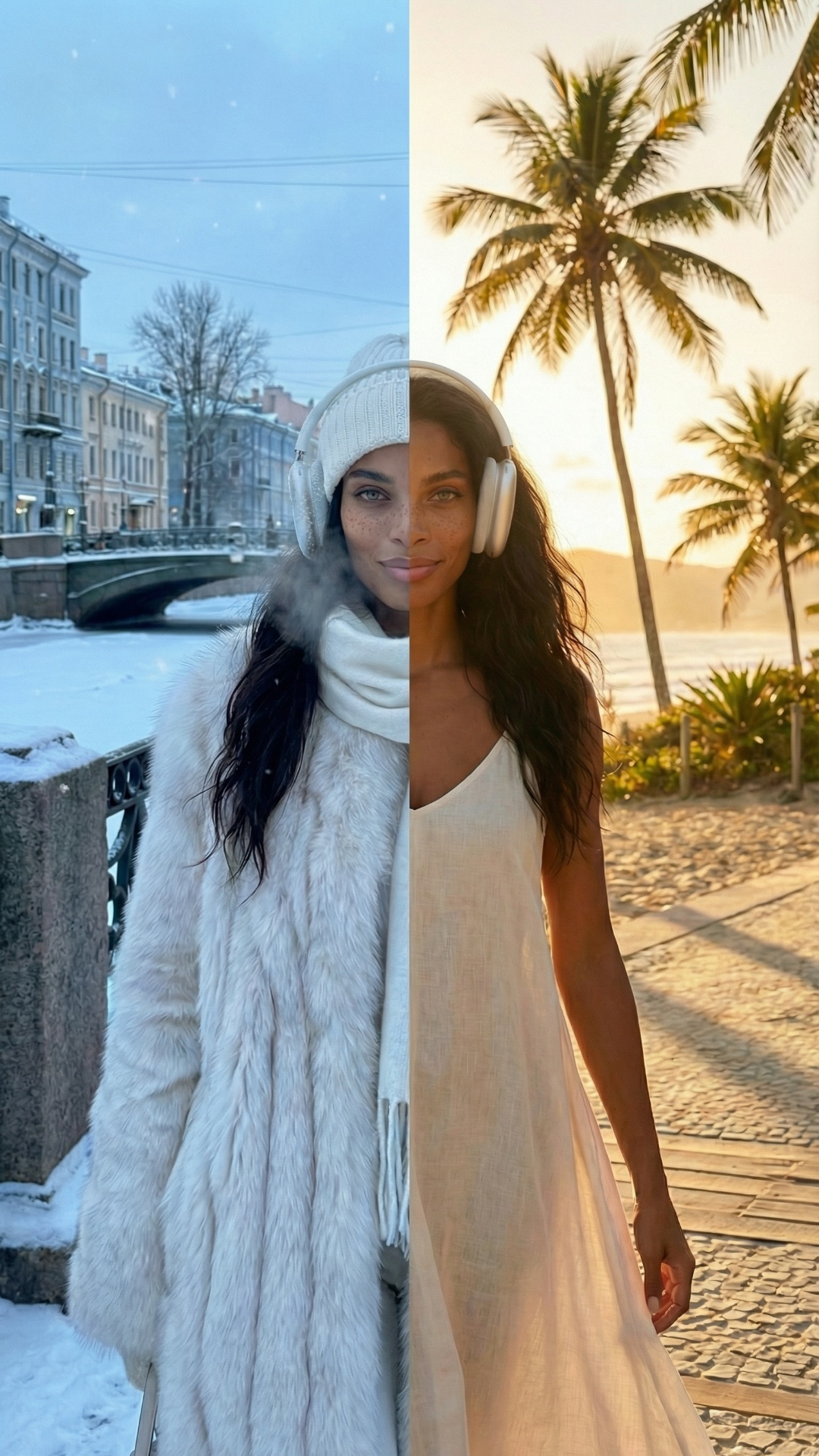 Vertical video, Instagram Stories format, screen divided horizontally into two equal parts. Same ...