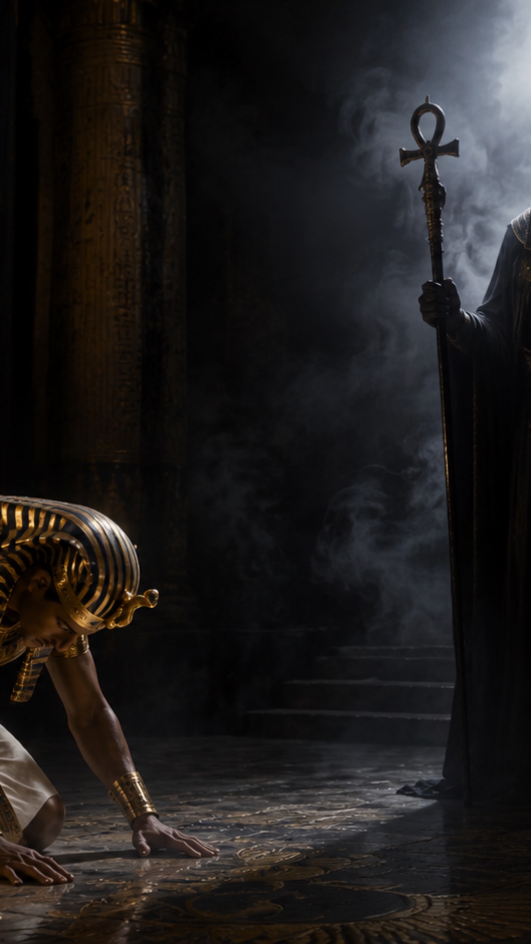 A Pharaoh kneeling in submission before the shadowy figure of a high priest