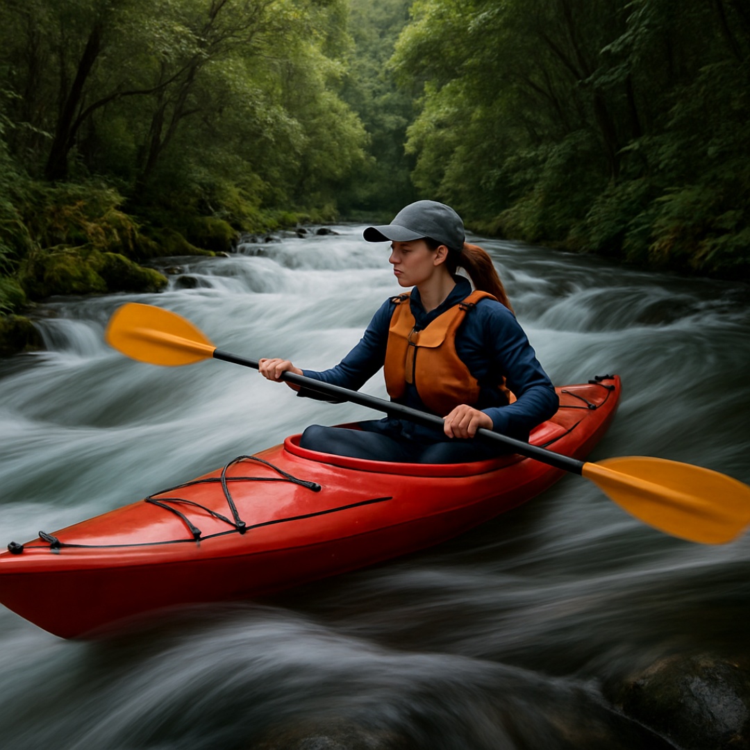 Fast flowing river through bush woman kayaking long exposure  Aims for extreme detail, making the...