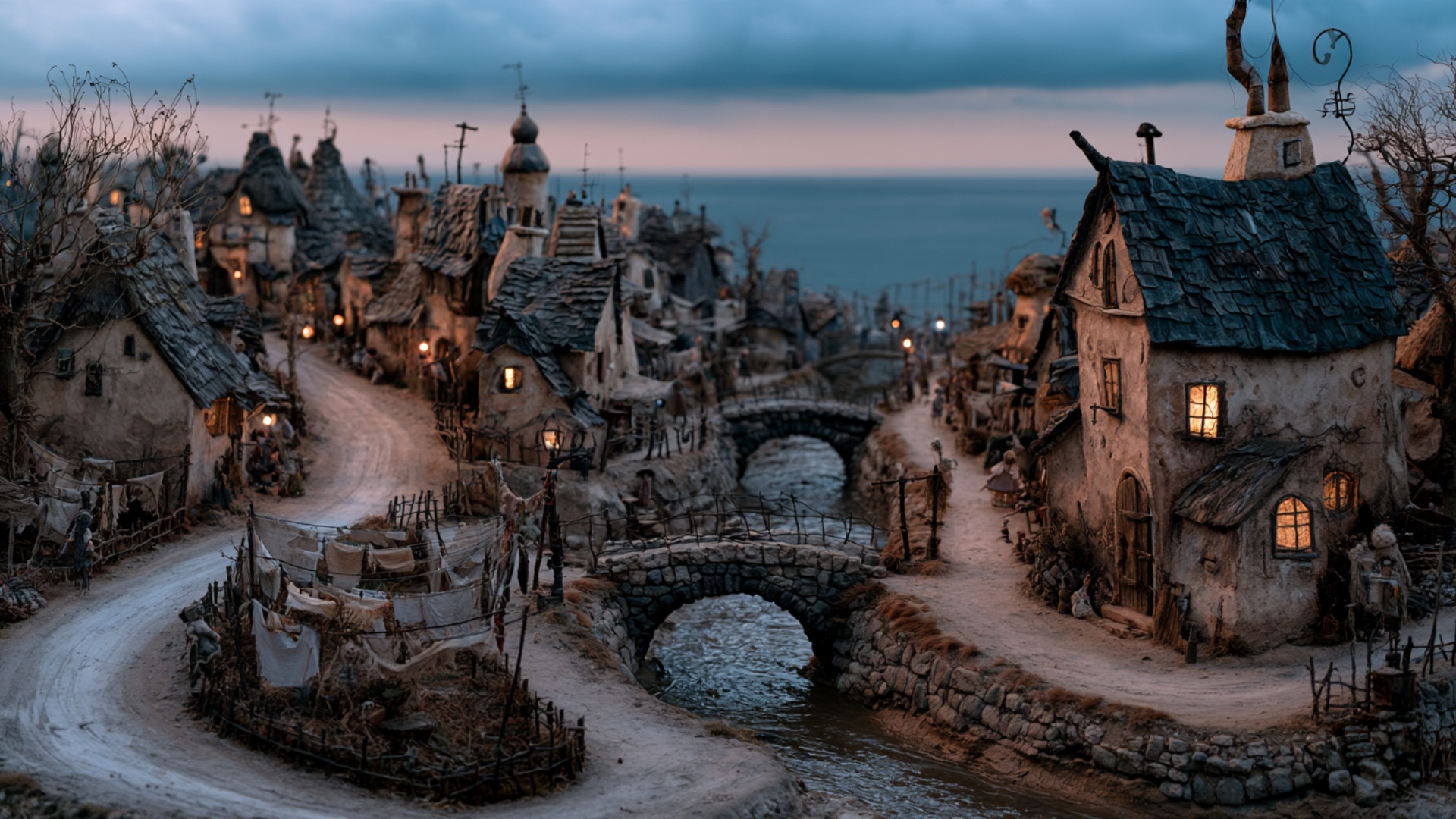 Cinematic aerial push forward and slightly downward toward the two stone bridges, creating subtle...