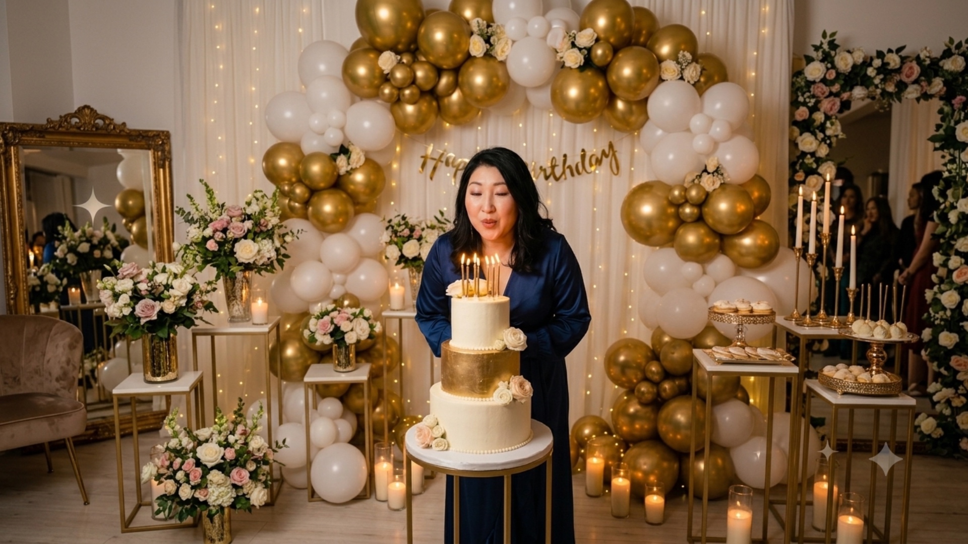 Photorealistic, 8k resolution, slow motion. The woman gently blows out the candles on the birthda...