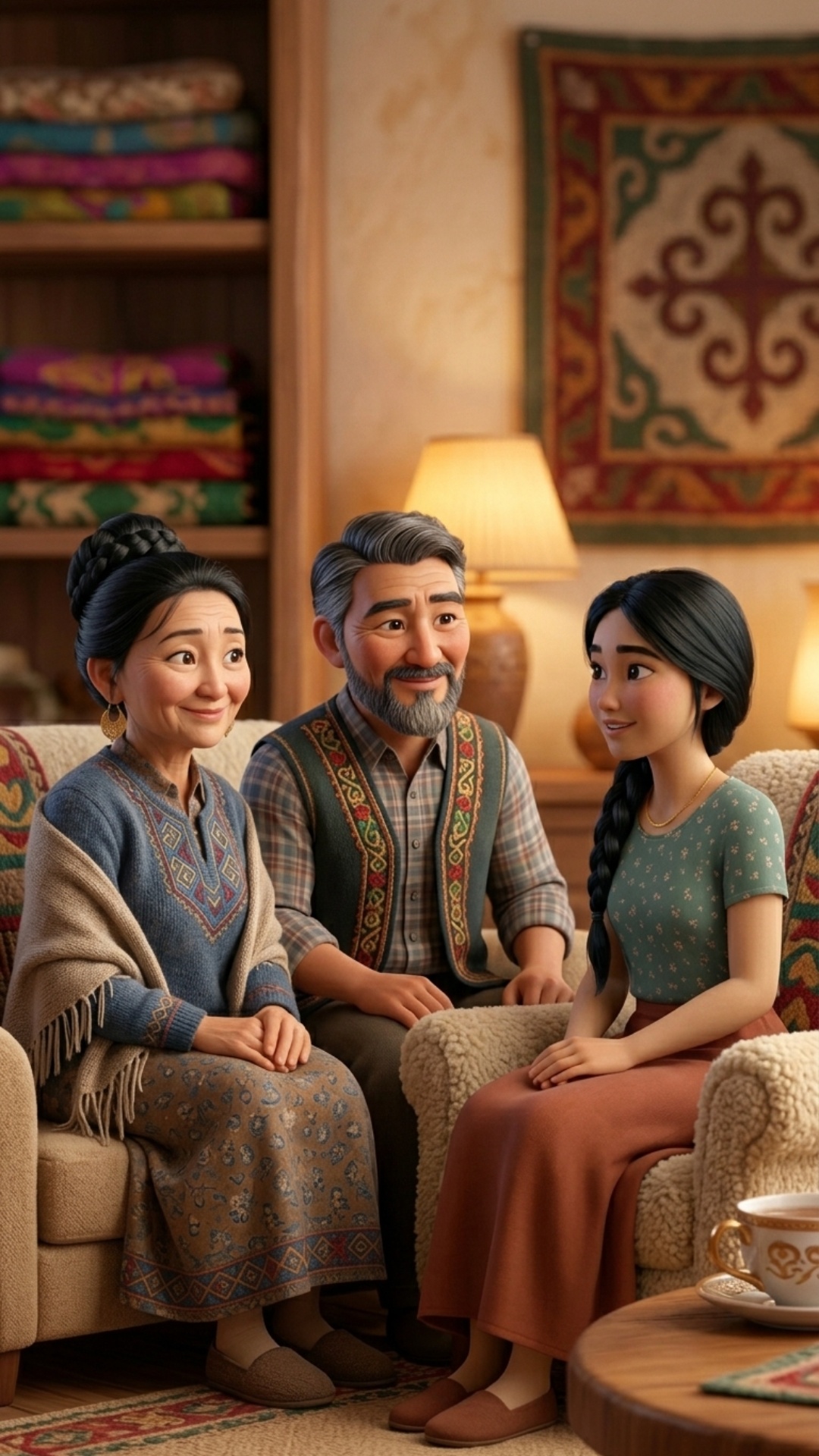 Medium shot, cozy living room, soft warm lighting. A Kazakh man around 50 years old sits on a sof...