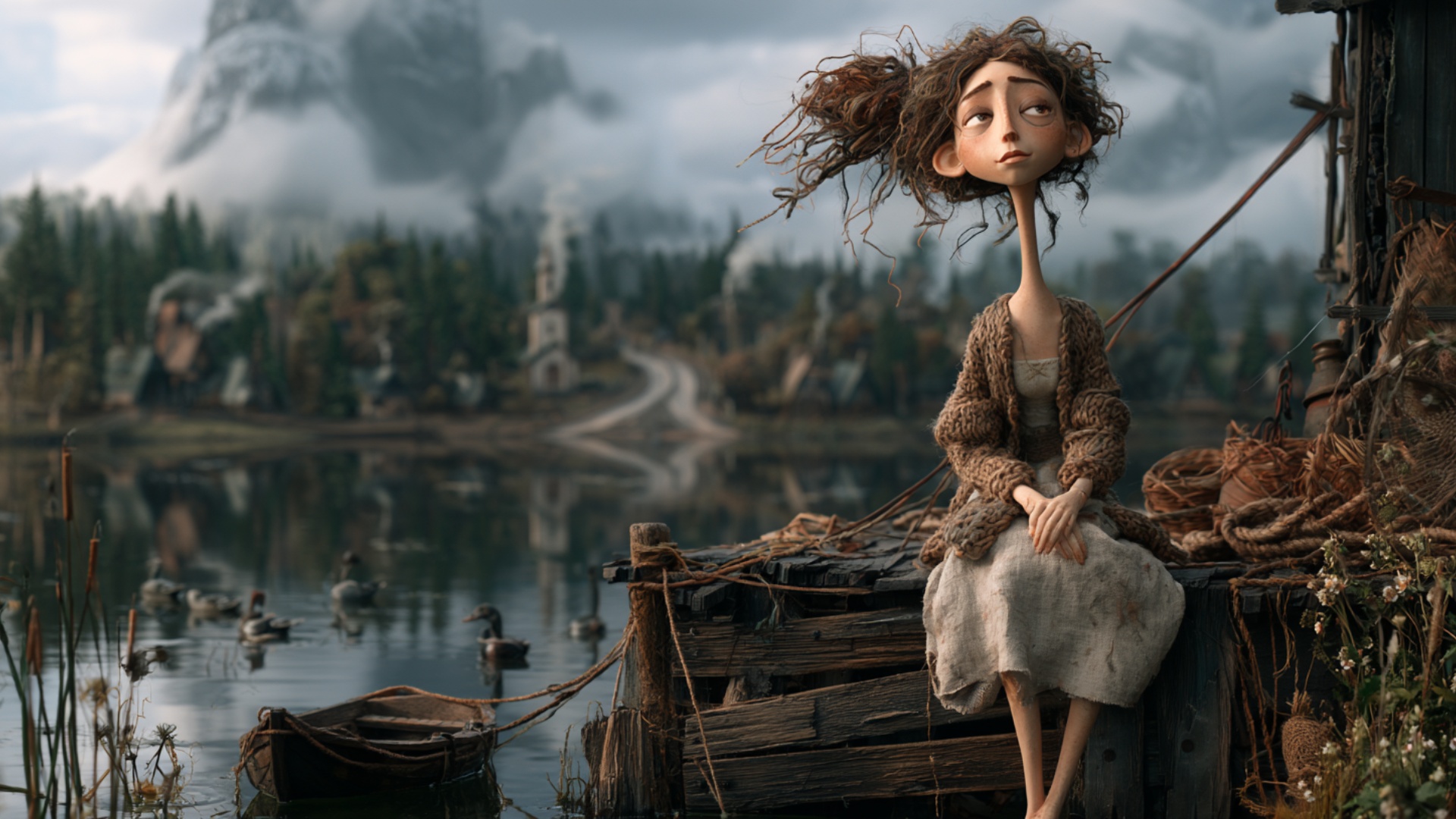 The woman remains seated on the edge of the weathered wooden dock with her hands resting together...