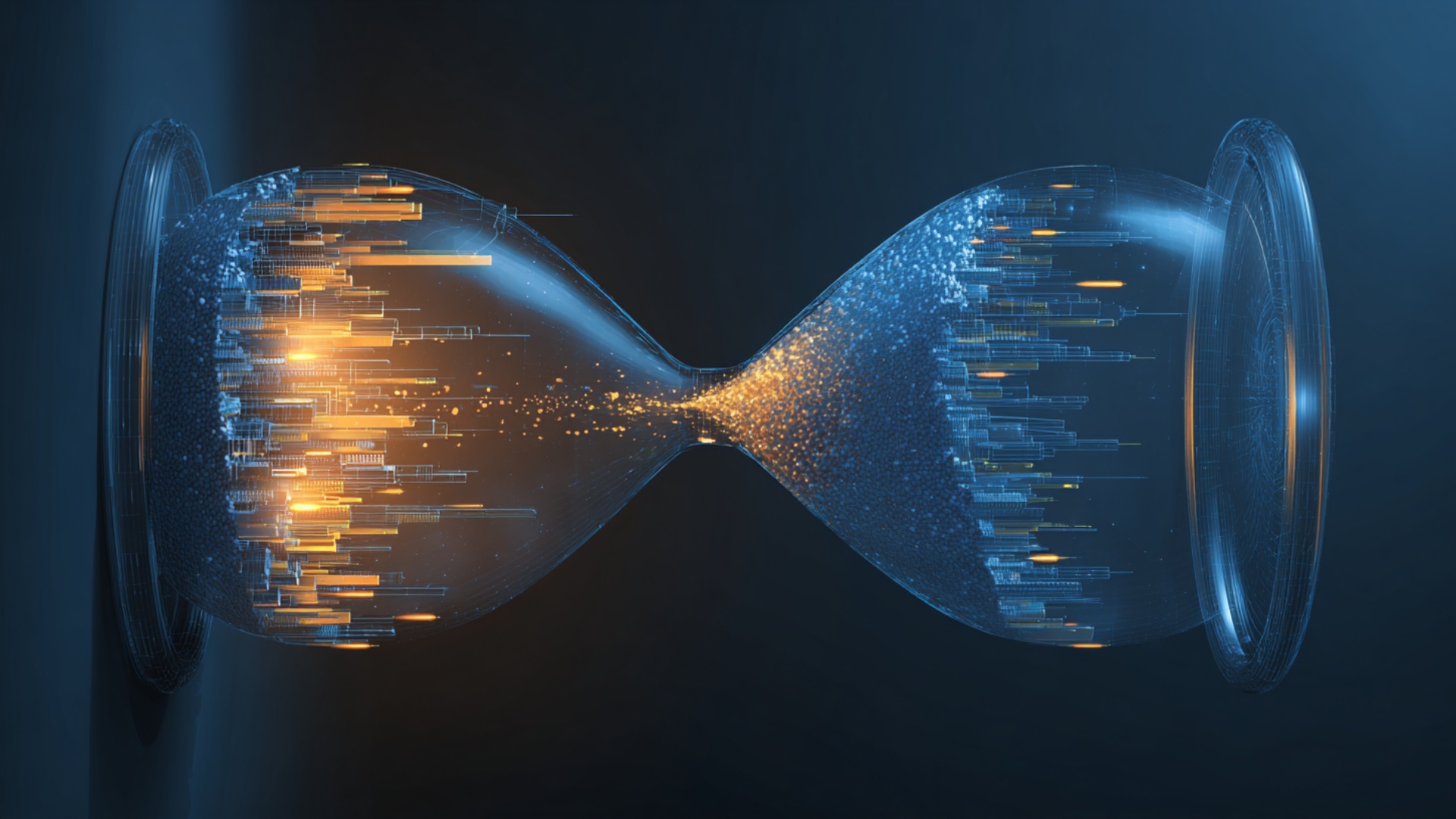 A futuristic hourglass filled with glowing particles and cityscape elements falling from top to b...