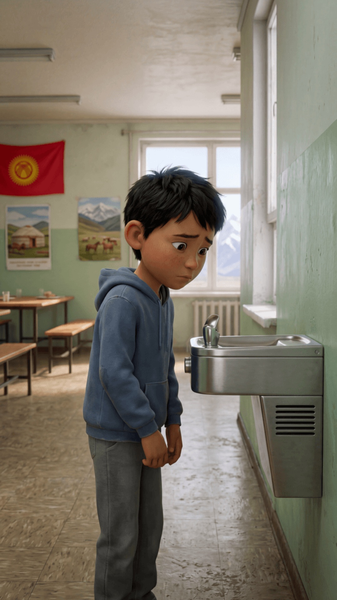 cinematic animated scene, 70% Pixar style, 30% realism, Kyrgyz school interior near water fountai...