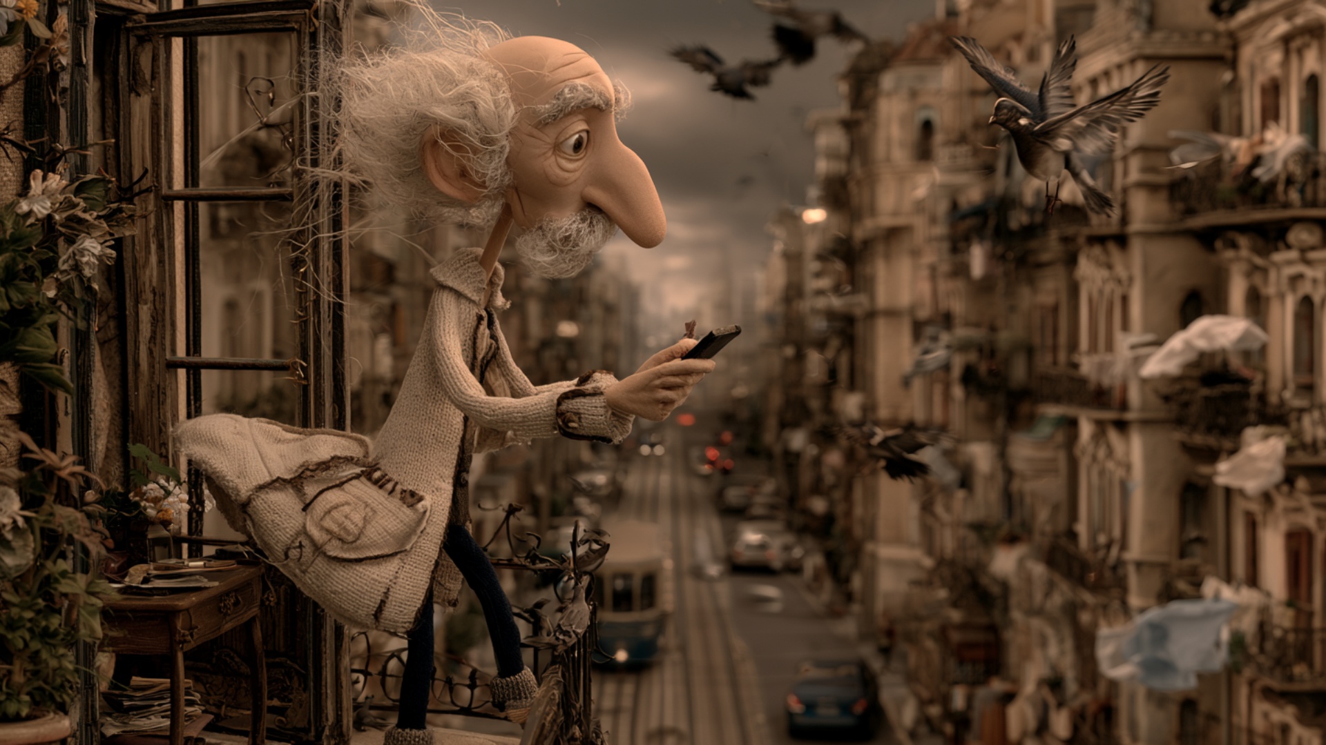 The elderly man looks down at the phone in his hand, his thumb makes one brief final movement on ...