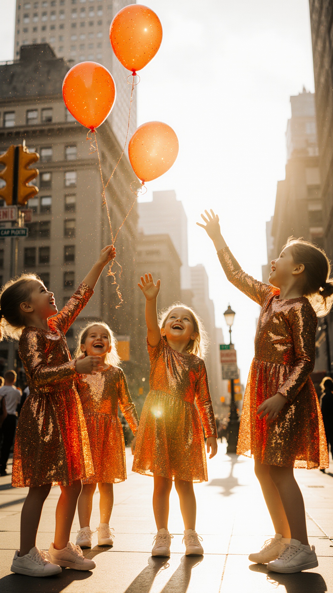 Cinematic scene: several children, around 5–7 years old, joyfully playing together in a lively Ne...