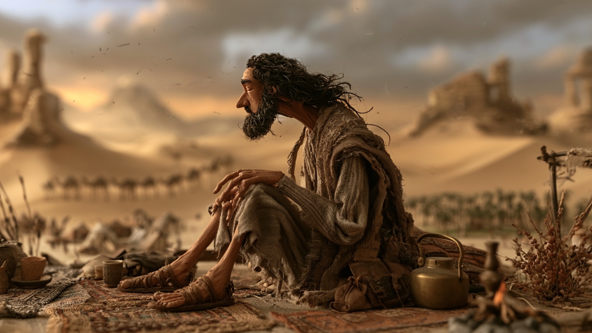The man remains seated on the patterned rugs at the desert camp, keeping his existing relaxed pos...
