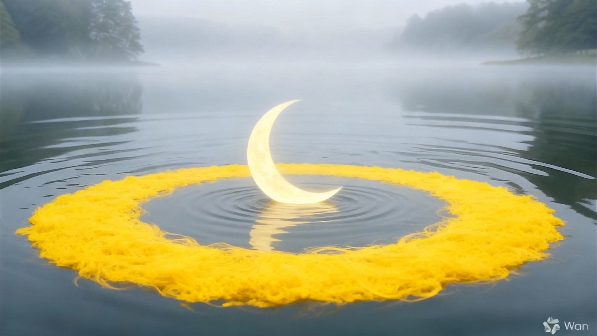 La lune sombre dans l'eau et disparaît tandis que le cercle jaune tourne lentement.
