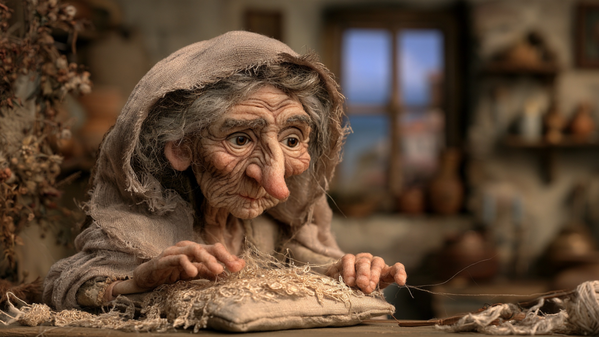 Her fingers flick the lace bobbins rapidly, threads crossing and weaving, lace pattern slowly gro...