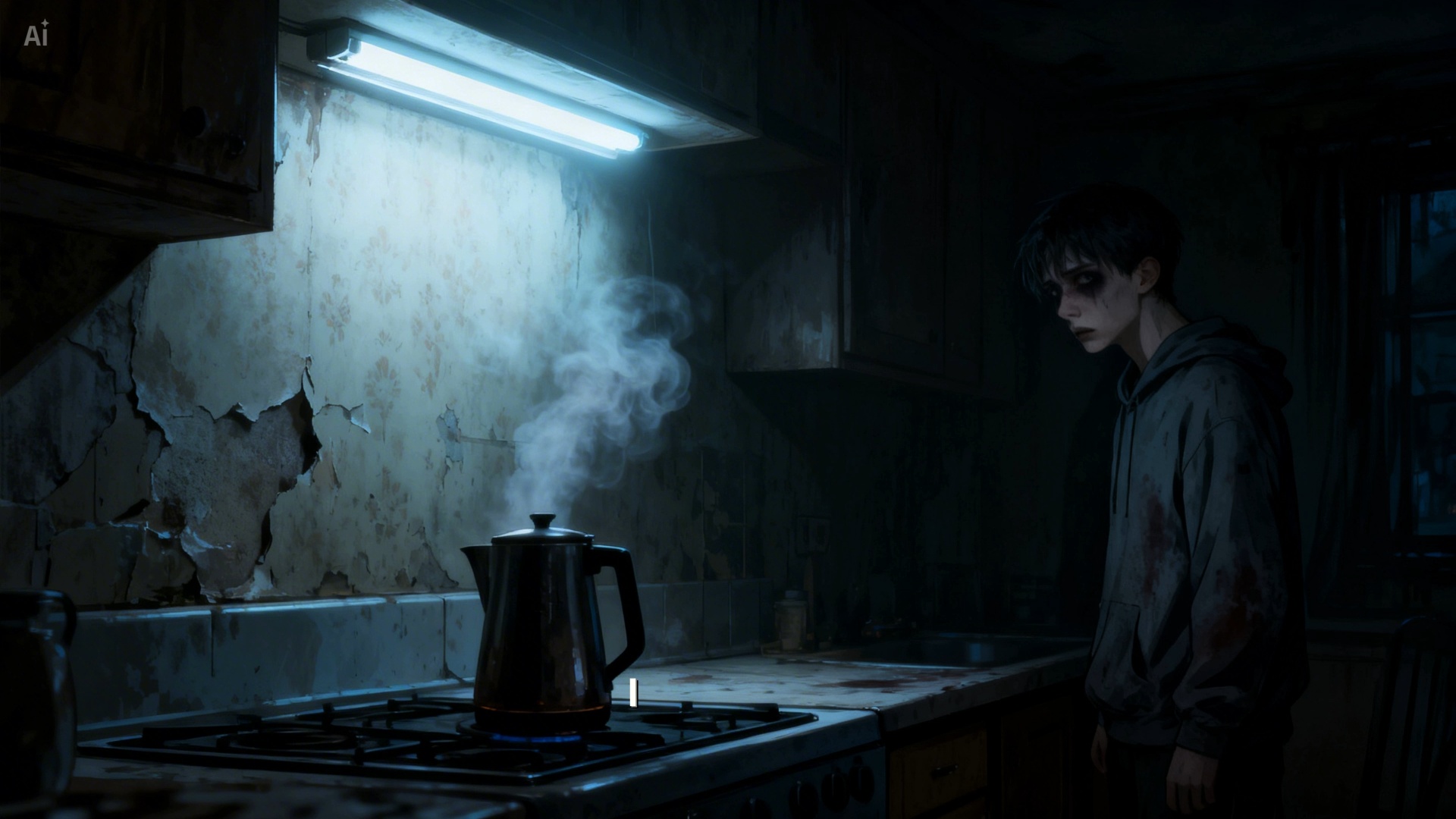 Cinematic grim horror scene in a decaying kitchen. SET MOTION SCORE TO 3: The cold fluorescent tu...
