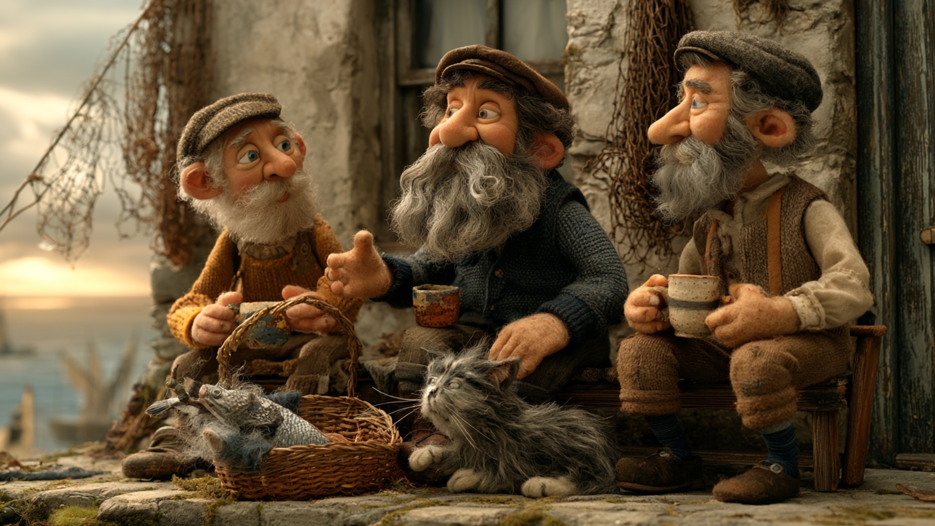 The middle fisherman continues telling a quiet story, making one slow natural gesture with his ra...