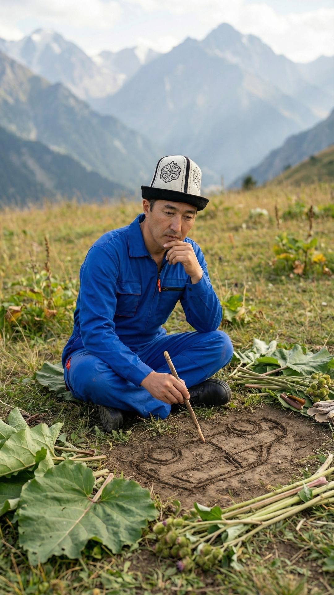 Cinematic, ultra-realistic 4k video. A middle-aged Central Asian man wearing a traditional white ...