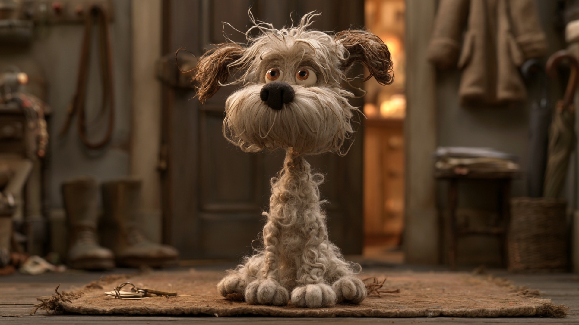 The dog remains seated exactly on the rug. It suddenly hears something outside, raises both ears,...