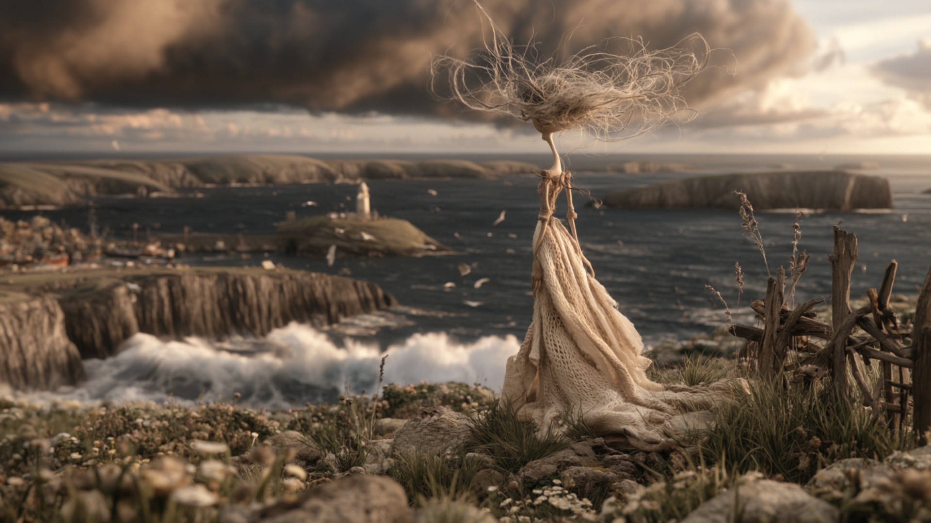The woman remains facing the ocean while an intense gust catches her long pale dress and sends th...