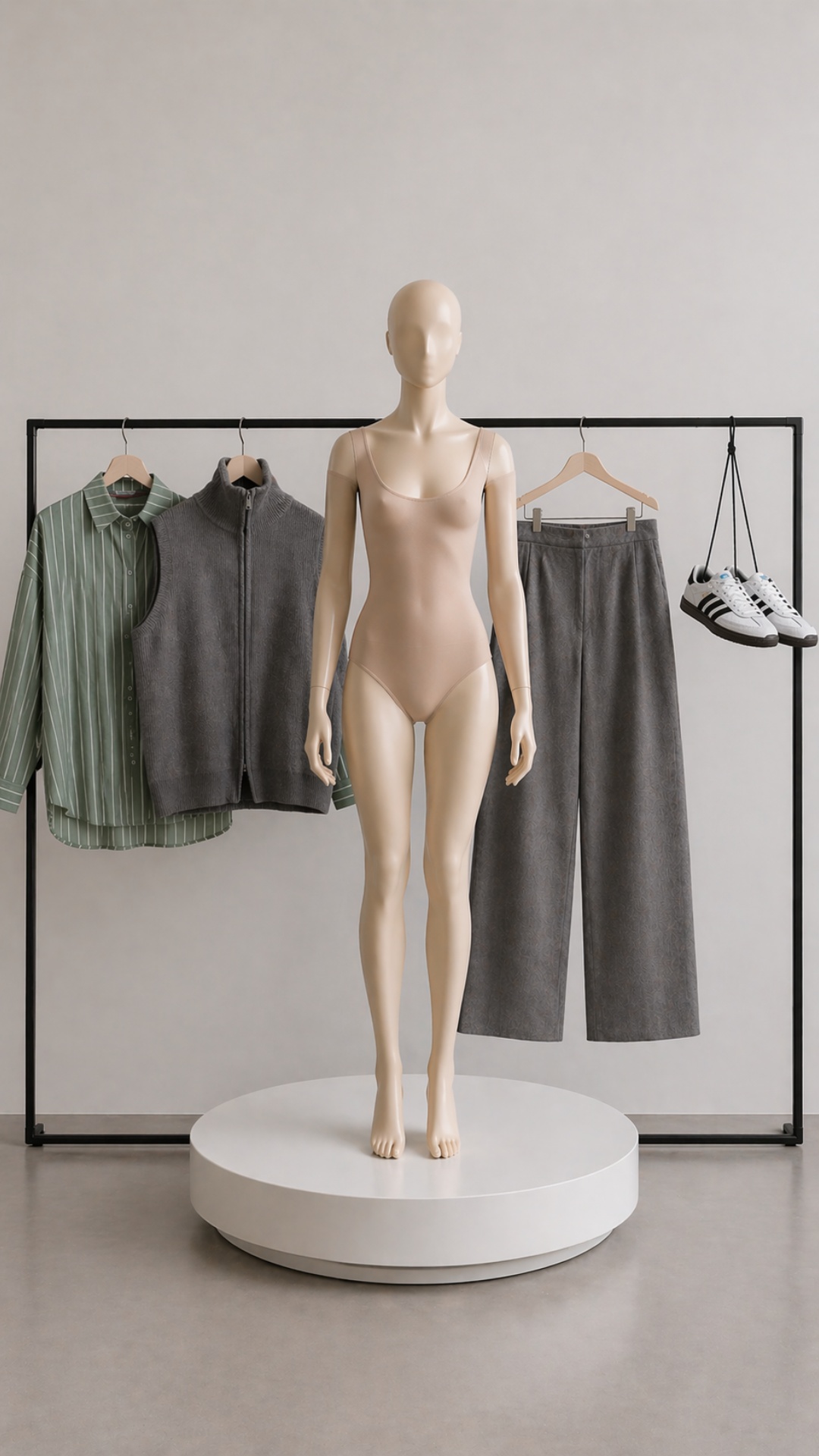 Minimalist studio scene in clean neutral tones. A faceless female mannequin made of matte nude-co...