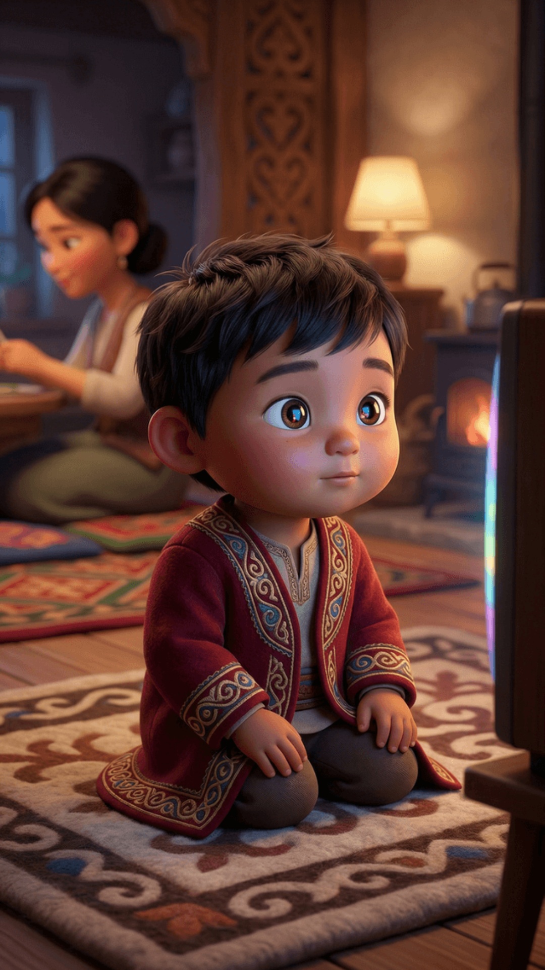 animate this image, vertical 9:16, pixar style animation, stylized кыргыз characters, no realism,...
