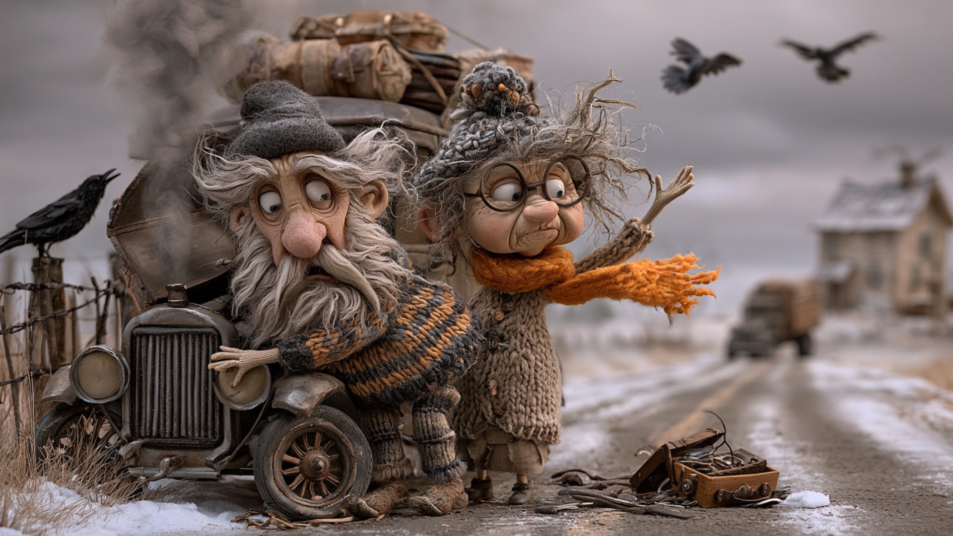 The elderly woman keeps one arm raised and waves toward the distant truck, her orange scarf and l...