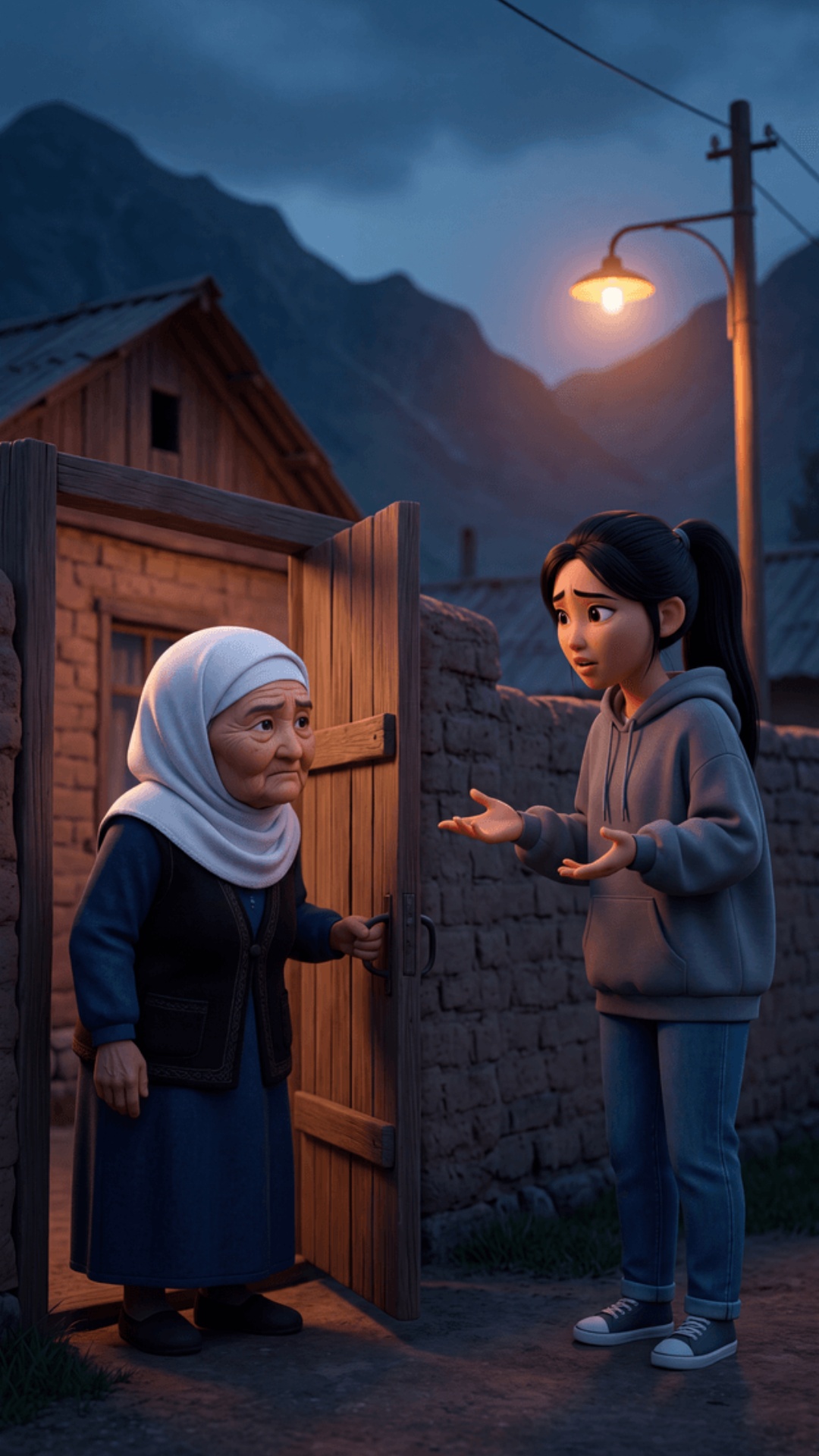 "Kyrgyz village street at dusk, warm street lamp, mountains behind, grandmother's gate. Aizat, Ky...