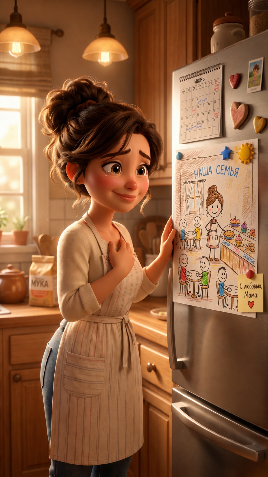 The mother slowly approaches the refrigerator.

She looks at the old drawing.

Her expression...