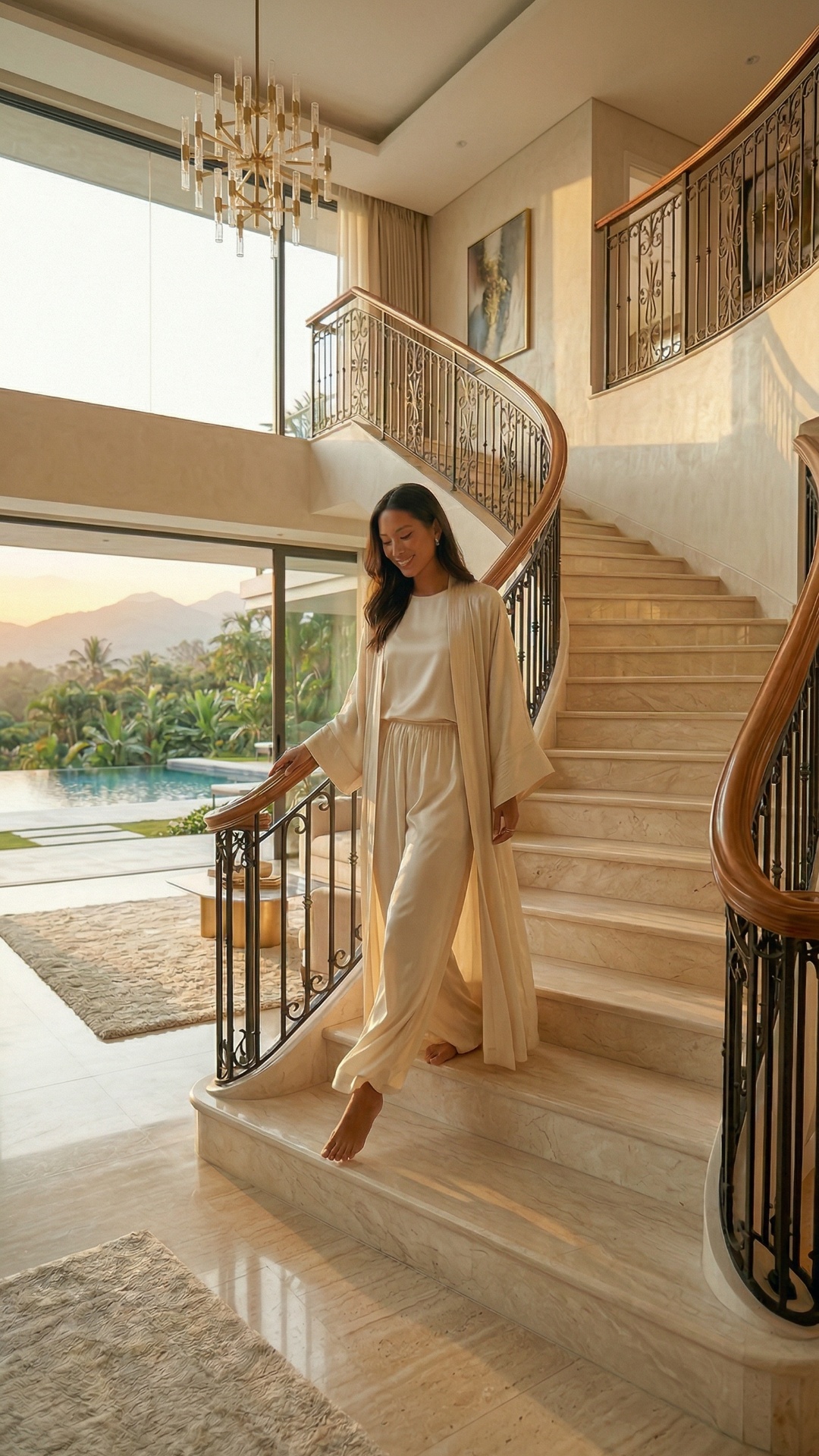 she goes downstairs and enters kitchen, where she makes morning coffee