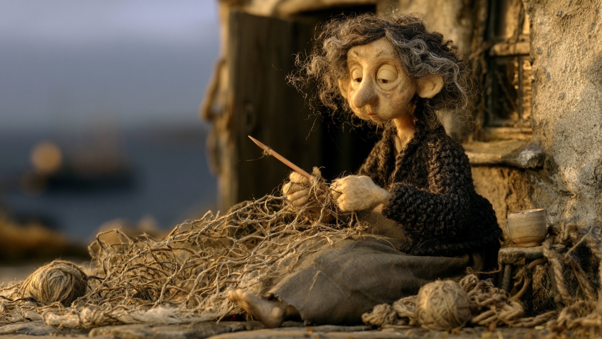 The woman lifts a section of the fishing net with one hand, examines the damaged mesh, then uses ...