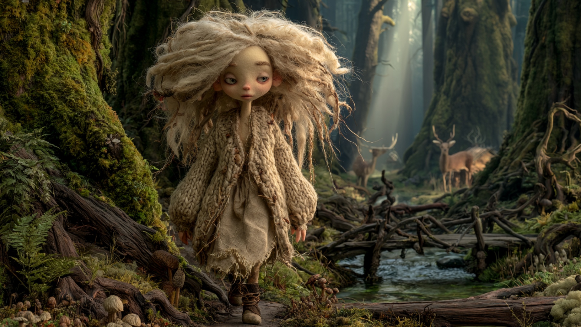The woman begins walking slowly forward from her existing position along the narrow forest path, ...