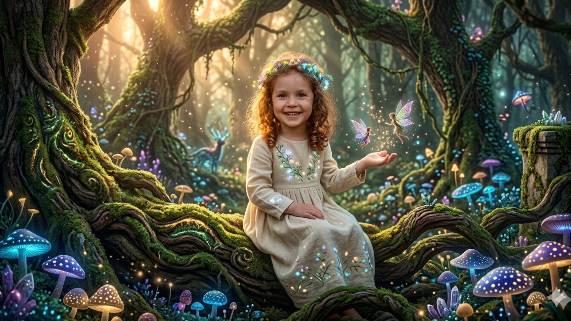 "Cinematic animation of the scene. The little girl gently smiles and tilts her head, her curly ha...