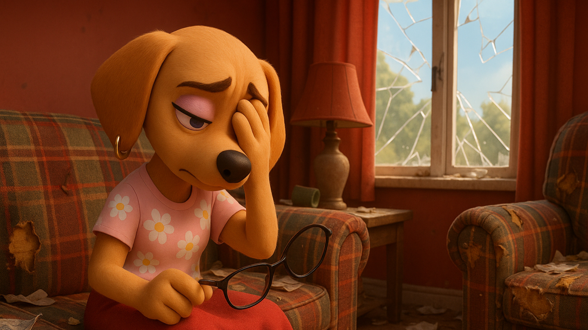 3d fluid expressive animation of anthro female dog mother facepalming in frustration as she talks...