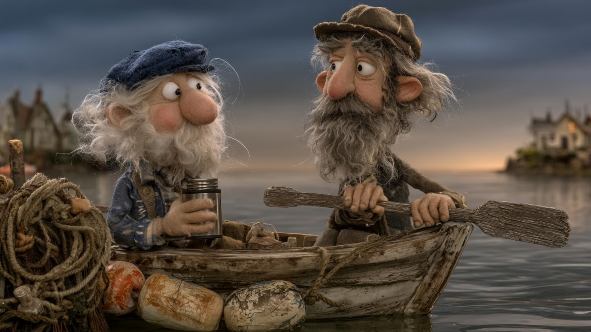 The small boat rocks gently on the calm water while both men remain seated in their existing posi...