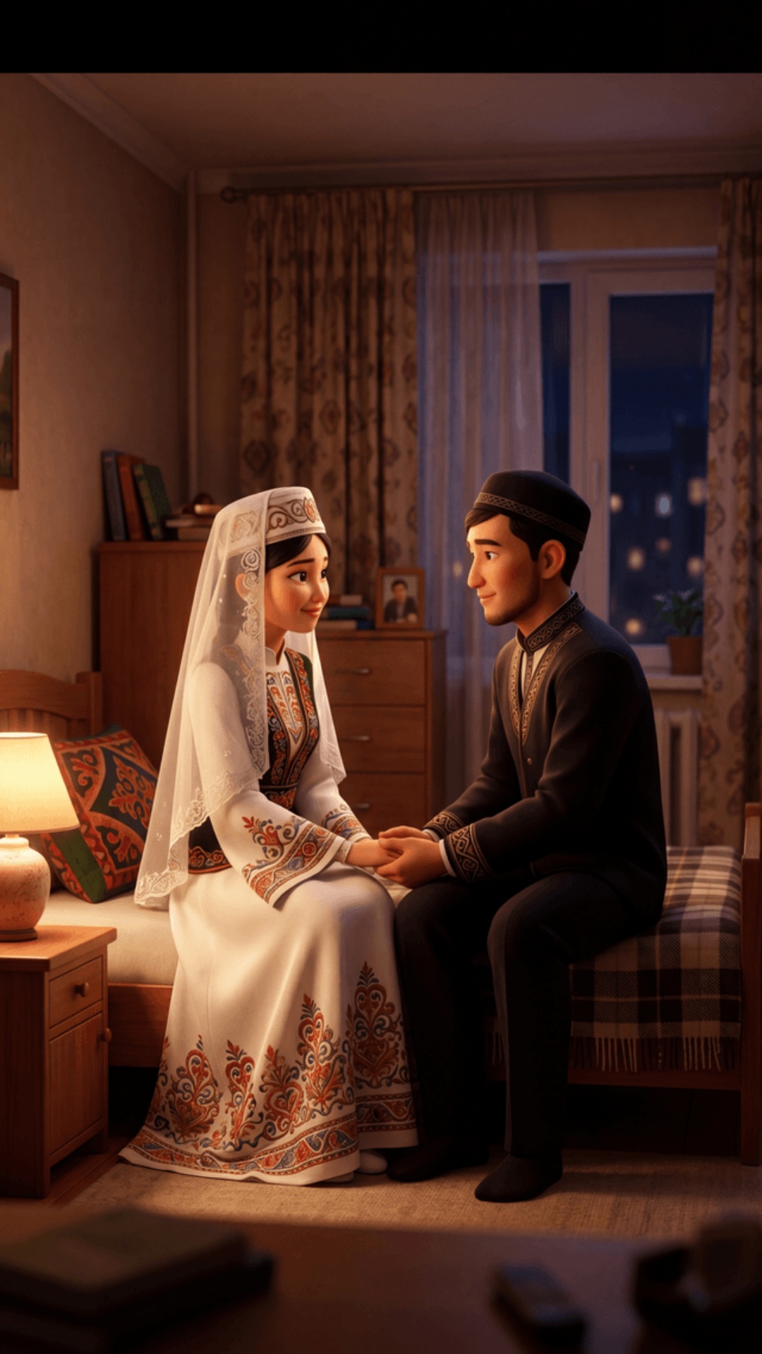 Pixar 3D animation, cinematic realism, vibrant warm colors.
Kyrgyz apartment, night. Warm lamp, ...