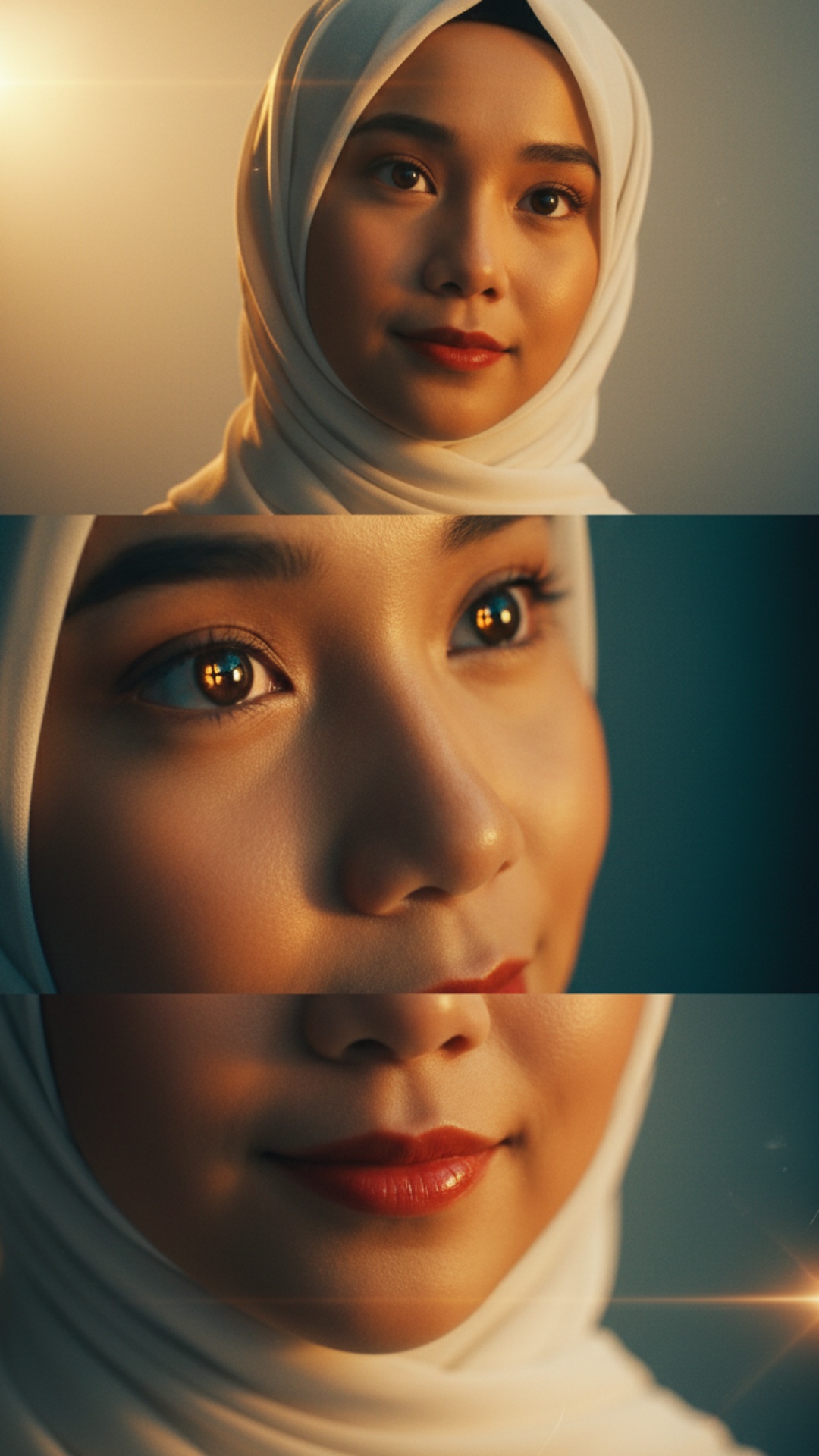"Cinematic triptych portrait, 9:16 vertical, divided into three dynamic sections: hijabi  and gol...