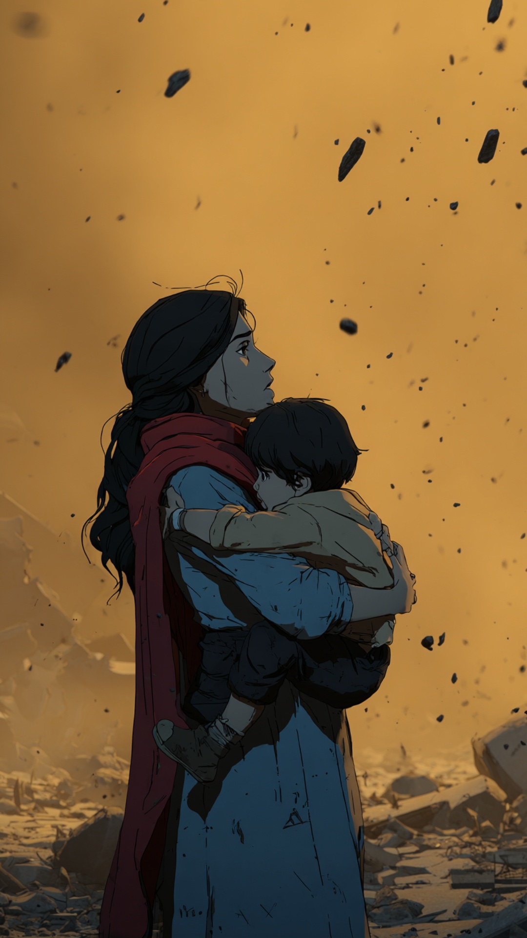 Camera slowly zooms out, a woman hugs a child