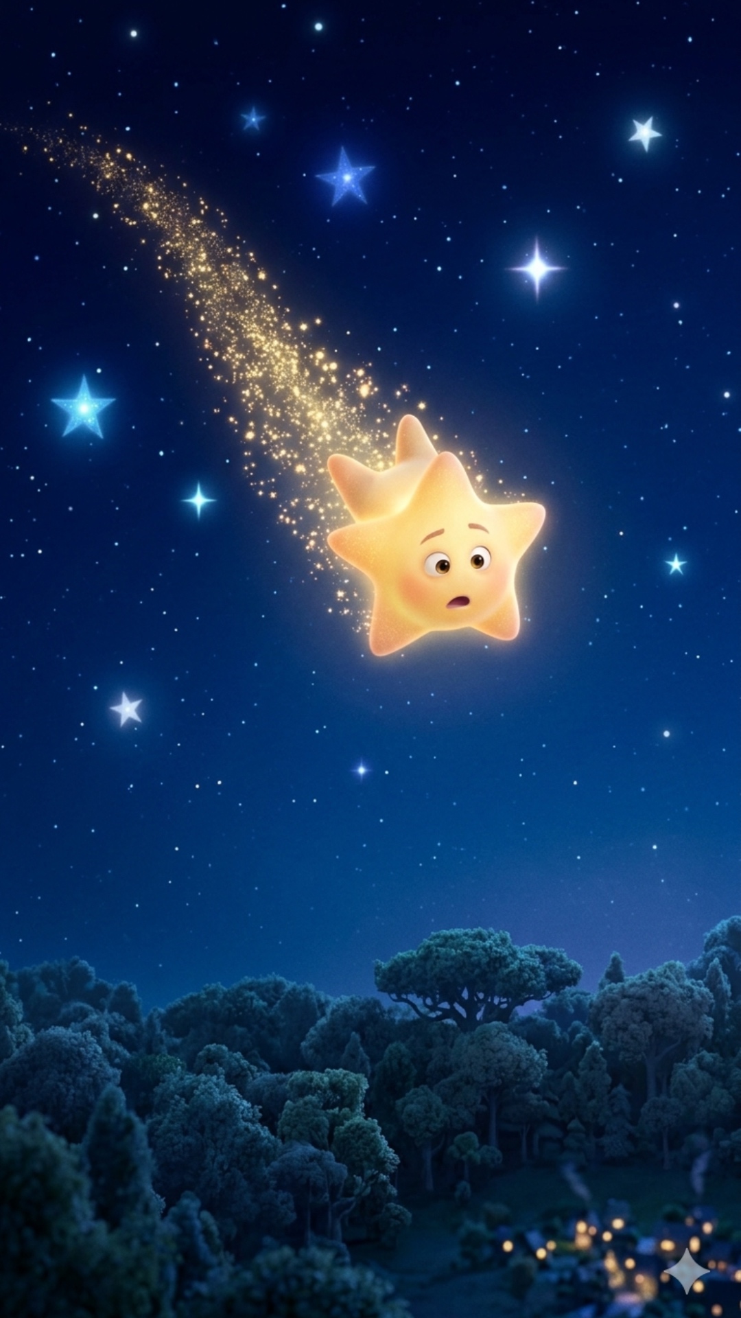 Cinematic, fast motion blur tracking shot. The central animated star character from image_3.png t...