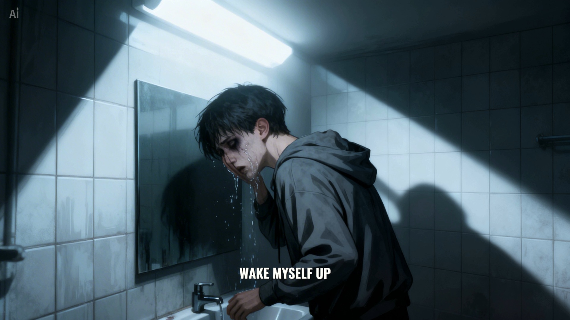 Cinematic dark horror shot in a grim bathroom. SET MOTION SCORE TO 2: The pale boy stands over th...