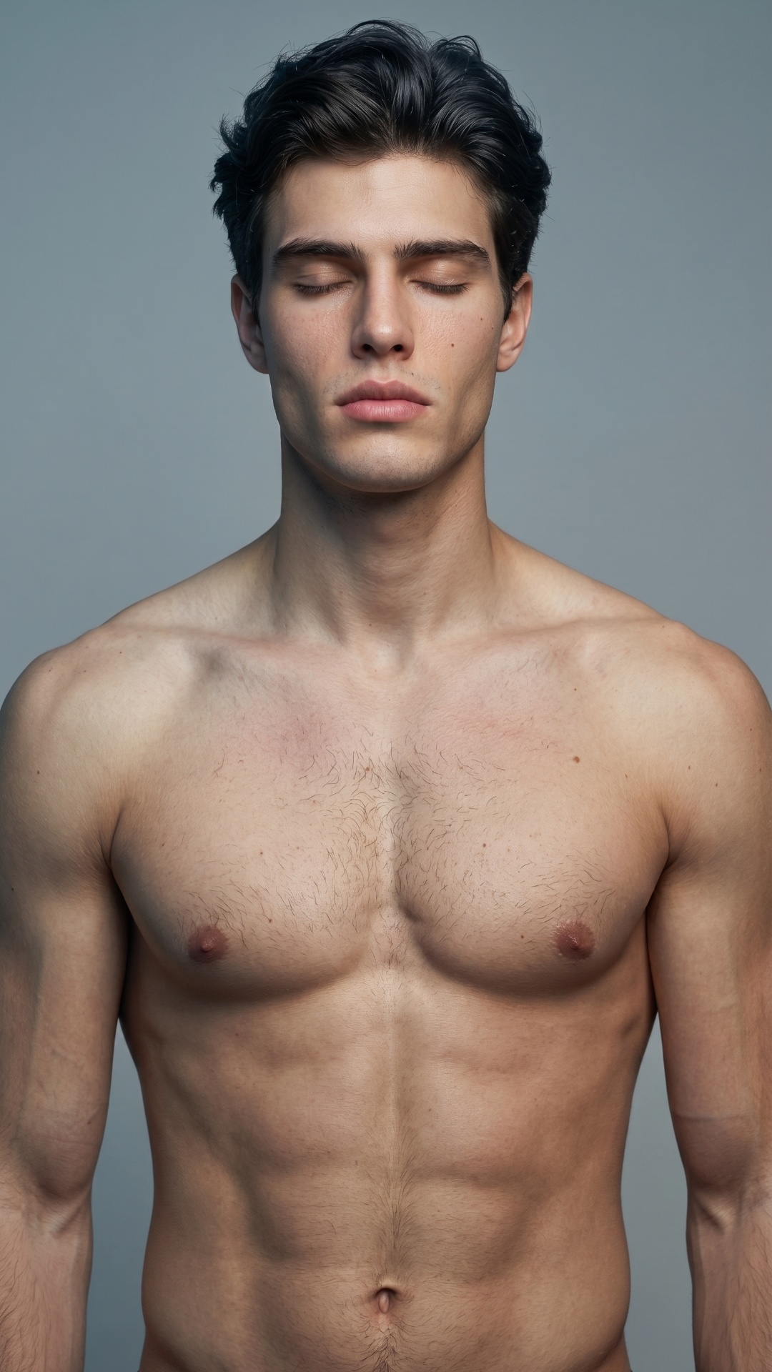Cinematic close-up of the handsome man from the reference image, eyes closed, breathing slowly. T...