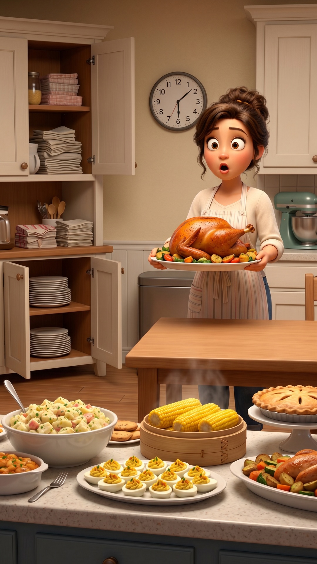 Mother stands in the kitchen holding a large platter with freshly cooked food. She is about to se...