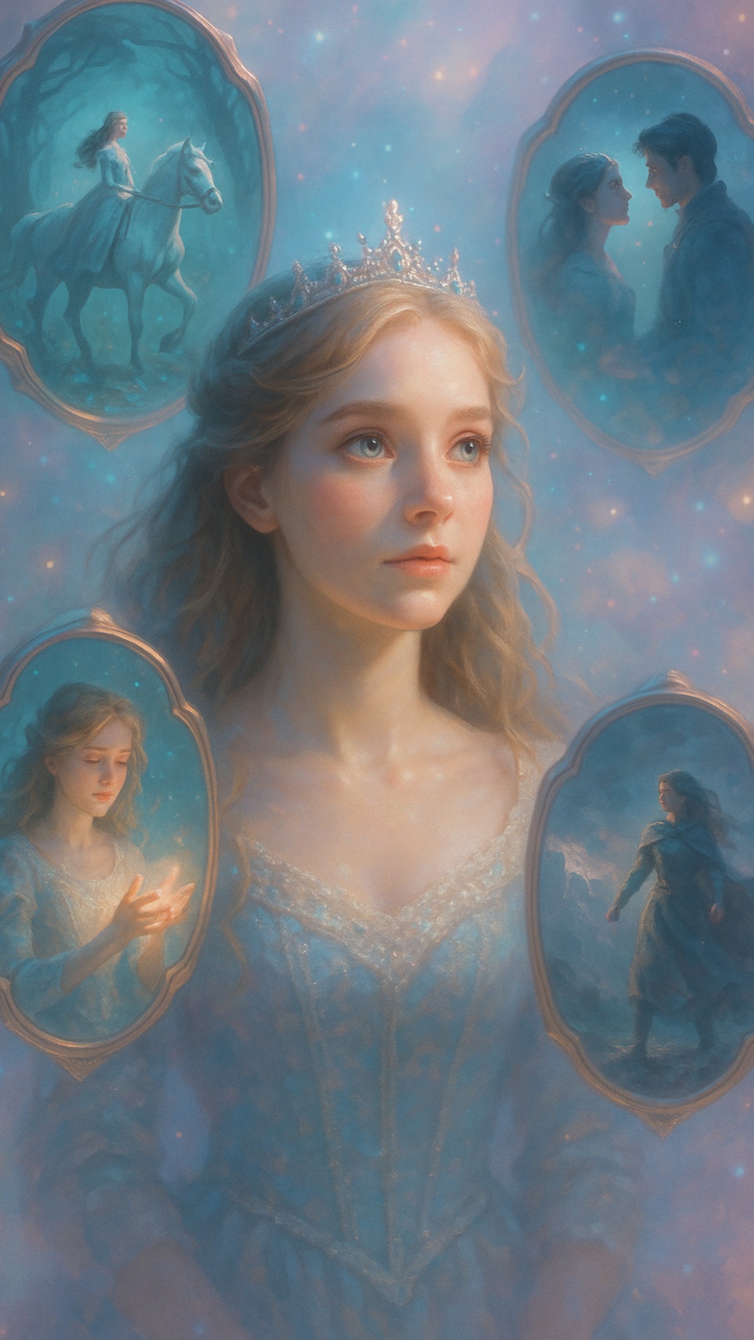 A glowing princess stands in a pastel fog, surrounded by floating glass mirrors gently rotating i...