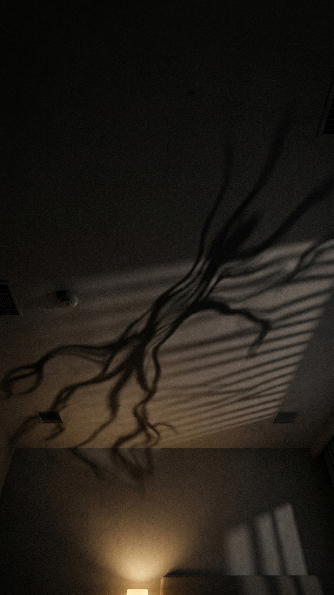 very slow unnatural shadow movement across ceiling, subtle morphing shapes, almost imperceptible ...