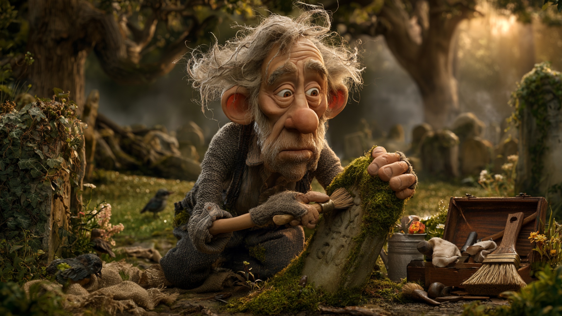 The elderly cemetery caretaker vigorously but carefully brushes thick moss away from the gravesto...
