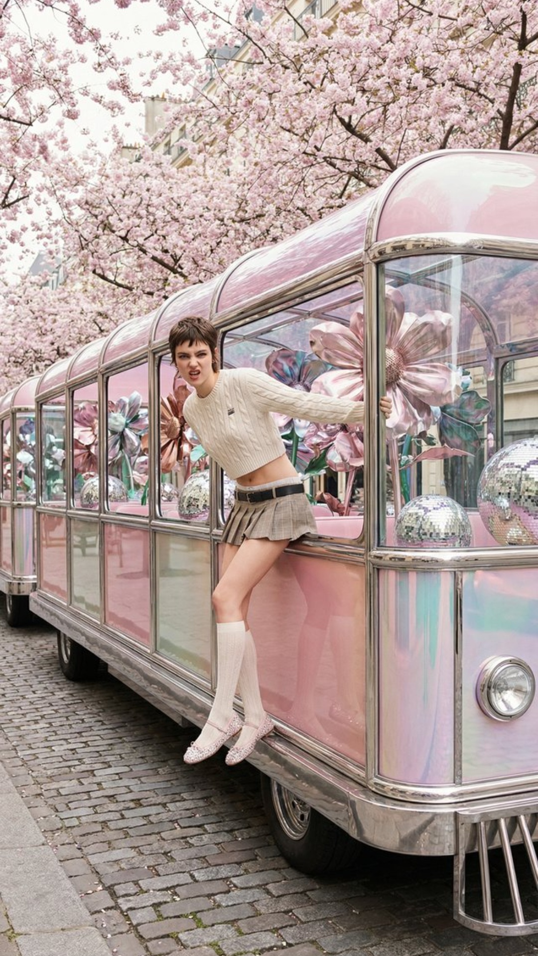 Dynamic, playful movement. The model playfully swings out of the train, striking a cheeky, dynami...