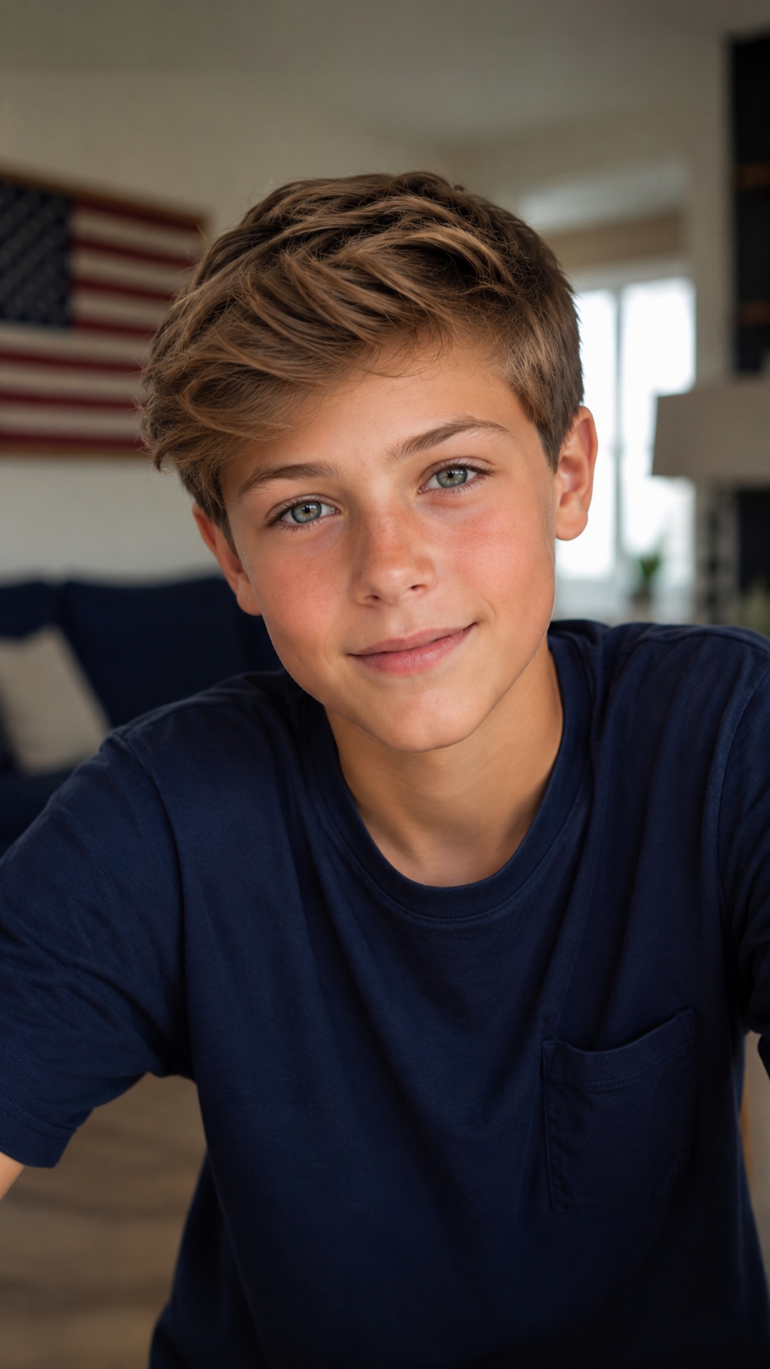 A vertical cinematic shot (9:16). A realistic American teenage boy with European features looks d...