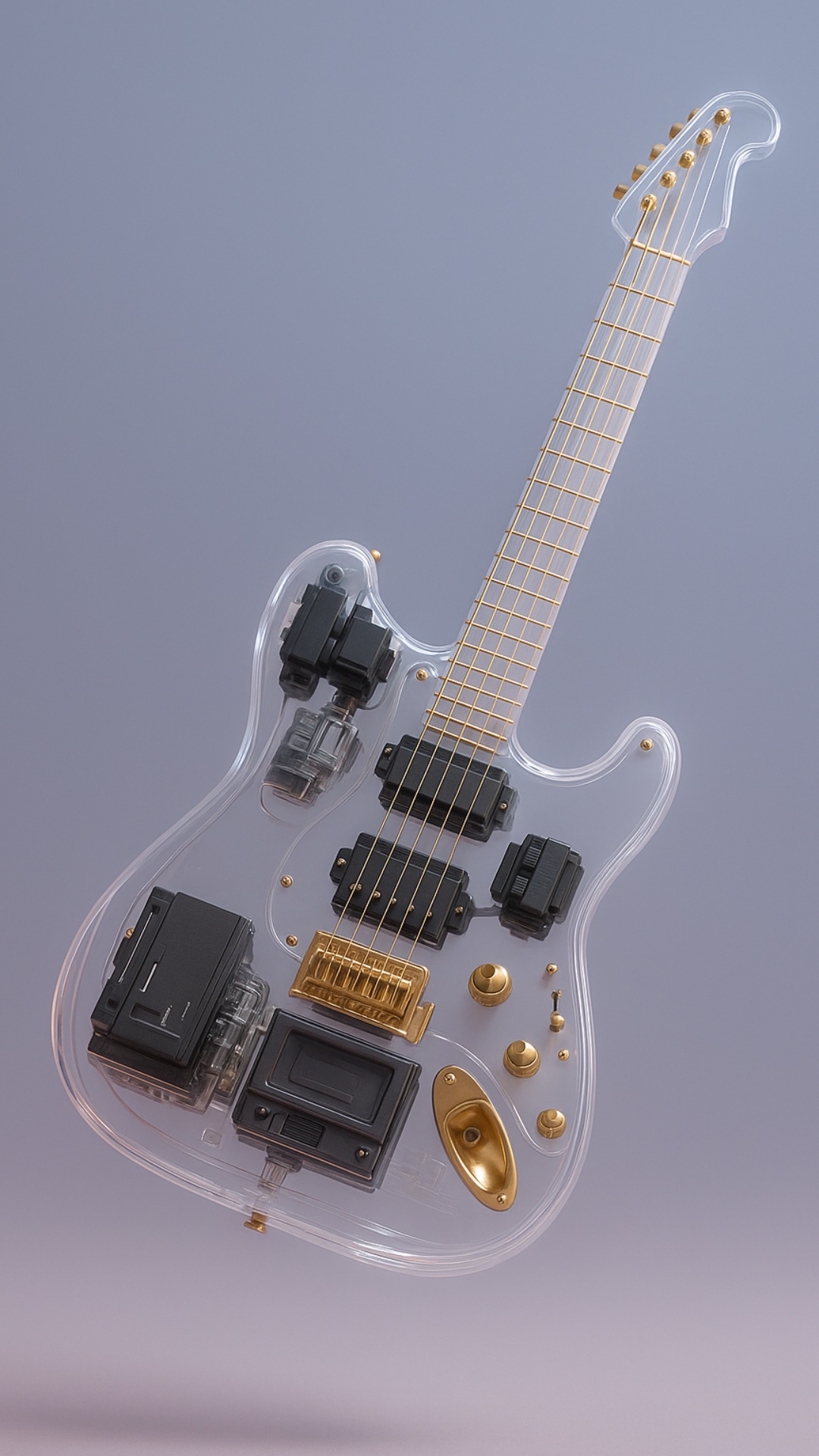 A slow cinematic rotation of a transparent electric guitar suspended mid-air. The camera orbits a...