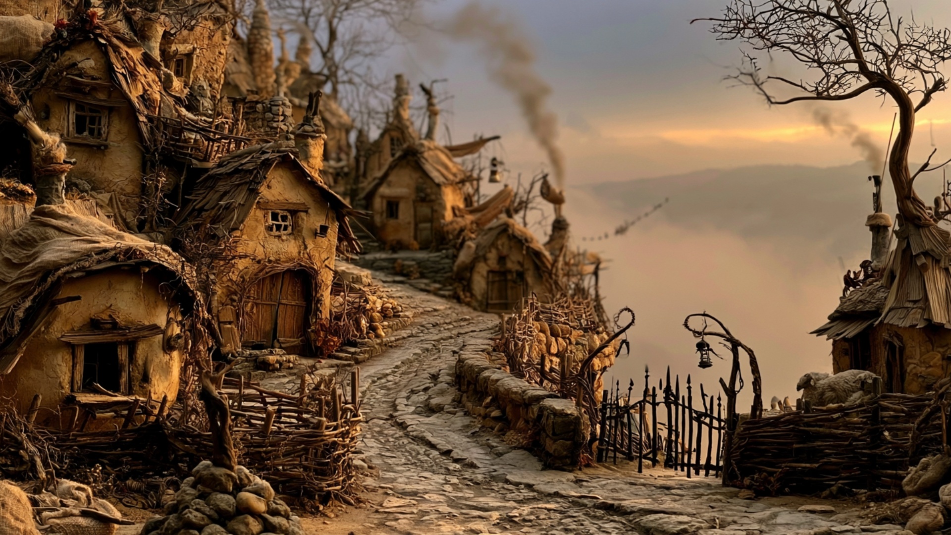Smoke rises from several crooked chimneys and drifts across the valley air. A faint warm glow app...