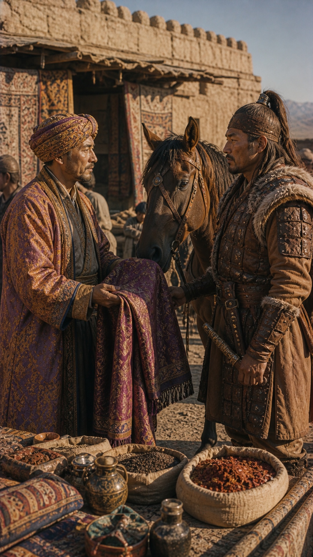 Sogdian merchant carefully unfolds a bolt of silk fabric 
showing it to the Kyrgyz warrior. 
The ...