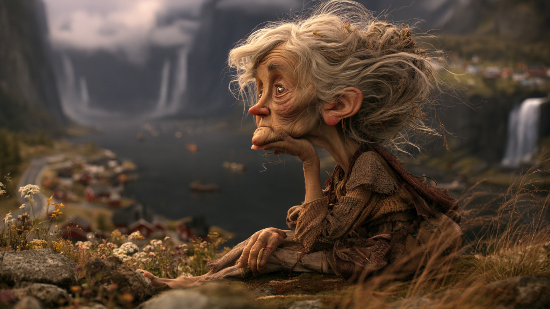 The elderly woman remains seated on the mossy cliff with her chin resting securely on one hand. S...