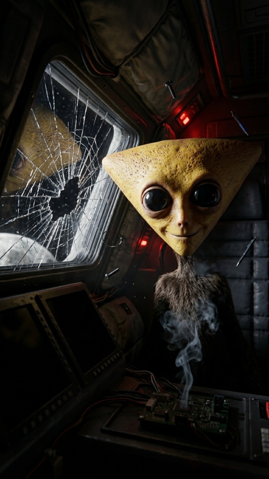 POV dentro de la cabina de un cohete espacial hacia la luna. Kevin, alienígena pequeño con cabeza...