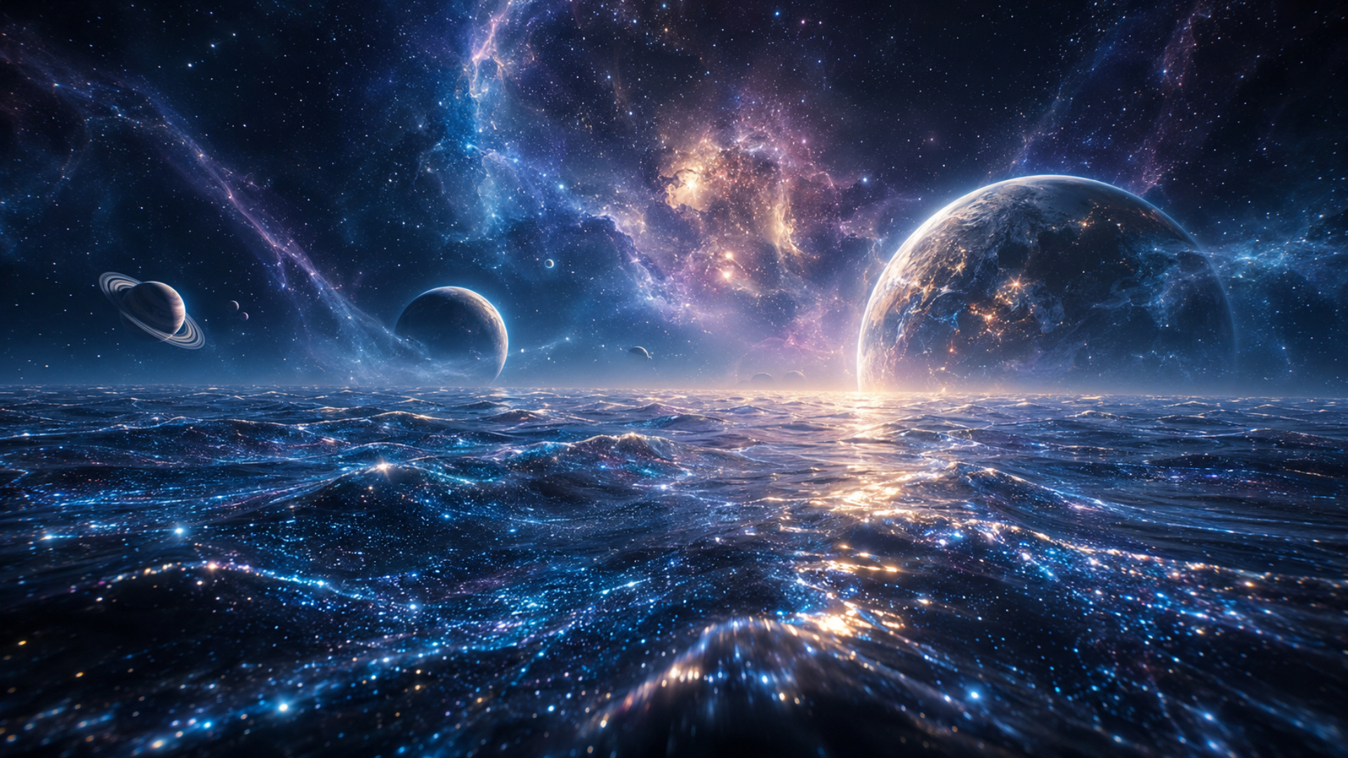 Camera flies low above the glowing cosmic ocean, waves shimmer with stars, planets slowly rotate ...
