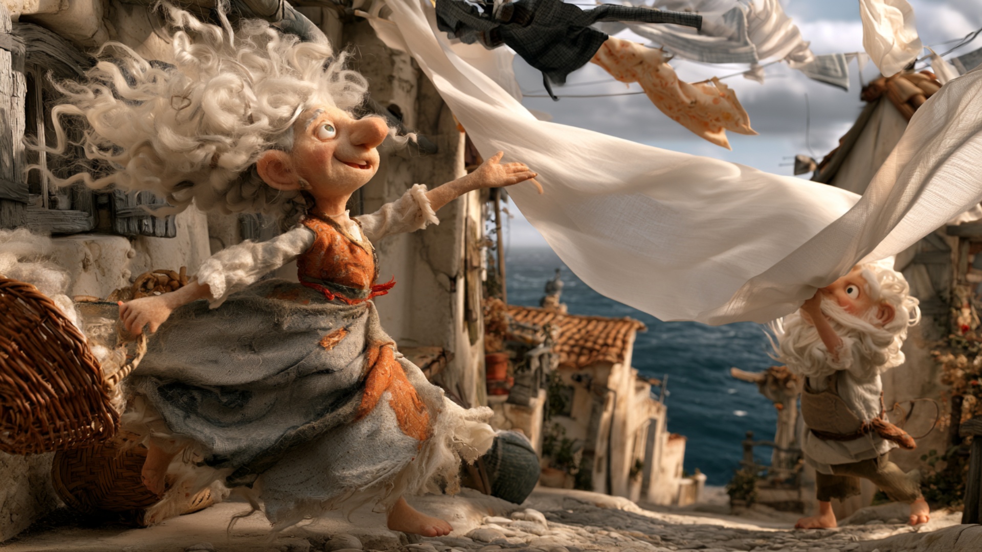 A strong gust of sea wind suddenly catches the large white sheet and lifts it high across the nar...