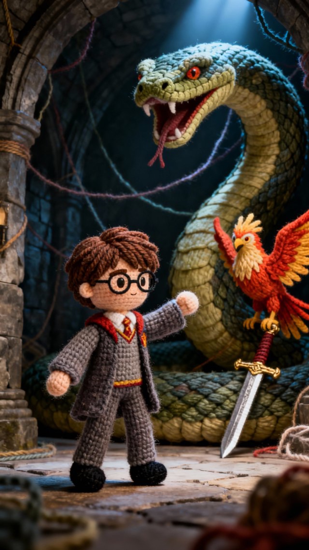 the picture comes to life, the character picks up a sword, and the snake gets angry behind him